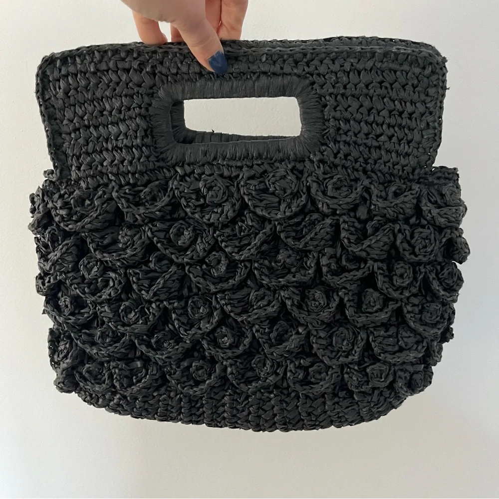 J. Crew Black Crocheted Floral Appliqué Straw Clutch